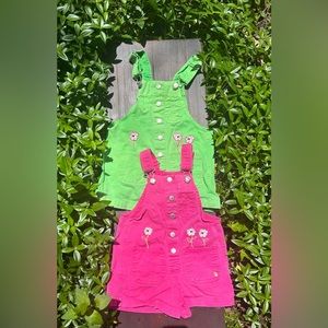 Overall set size 4T button snaps green and pink *twins* matching set